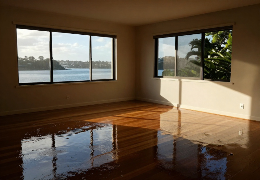 Flooded living room in Guildford with water damage to carpets and walls
